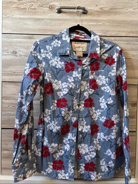 Ariat Women’s Blue Button-Down Shirt with Red & White Floral Print